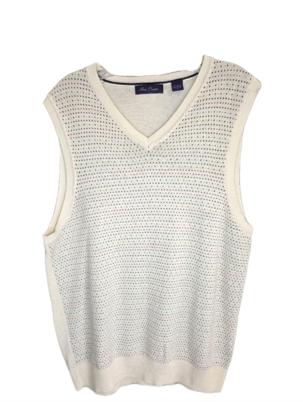 Alan Flusser Mens Cotton Knit Vest Size L Beige/Multicolored Dot Stitch Design